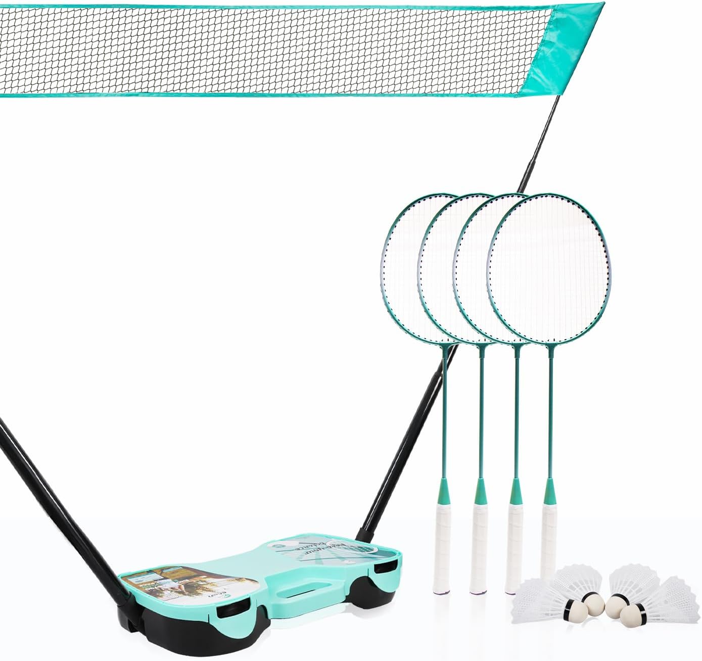 EasyGo Badminton Set with Net, 4 Rackets, 4 Shuttlecocks, Portable Storage Box, for Backyards, Outdoor Games, Yard Games