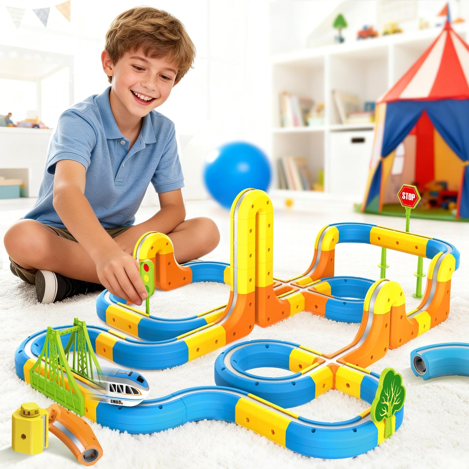 VEAIS Electric Train Set for Kids, 118Pcs 3D Flexible Race Track Sets, Gravity-Defying Motorized Car for Kids,Montessori STEM Train Tracks Toys,Birthday Gifts for Kids Boys Girls Age 3 4 5 6 7 8+