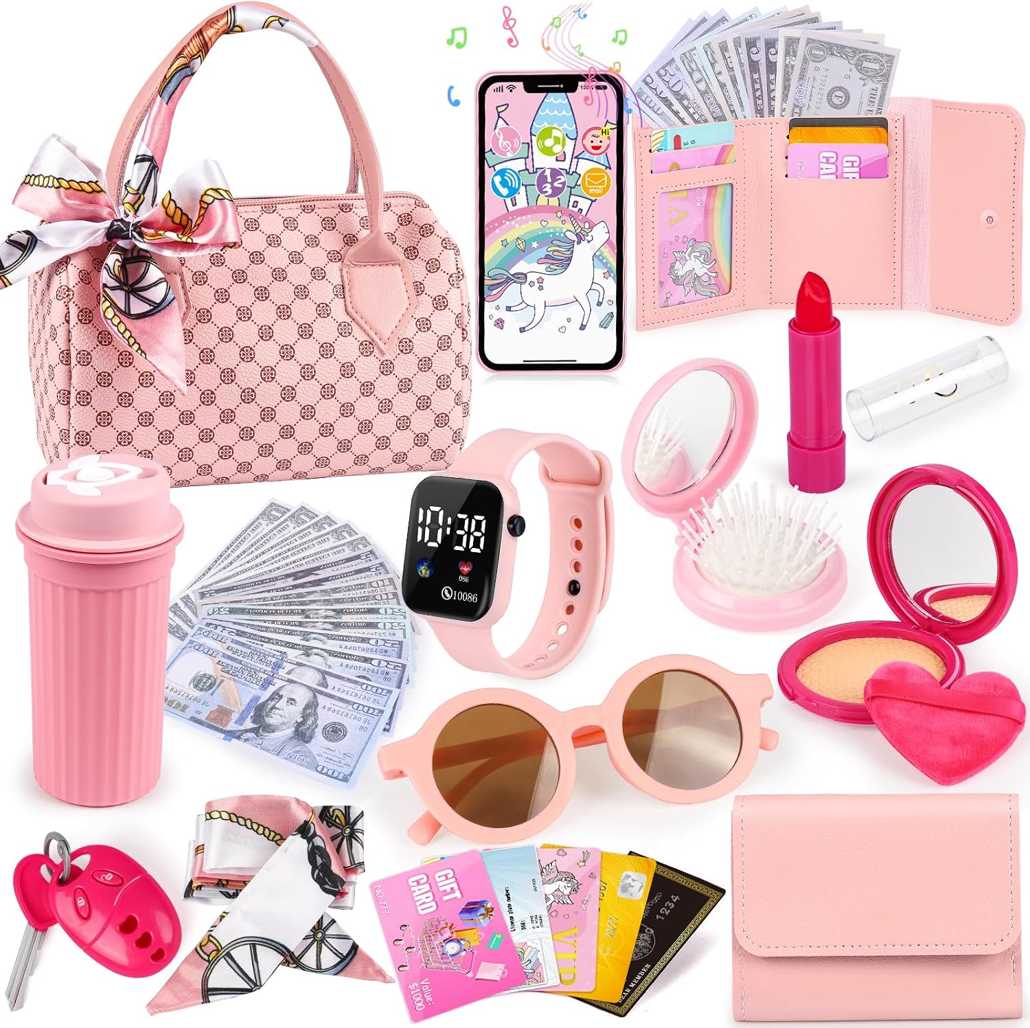 Oisacirg Play Purse 32PCS with Watch Makeup, Princess Toys for Girls 3-12
