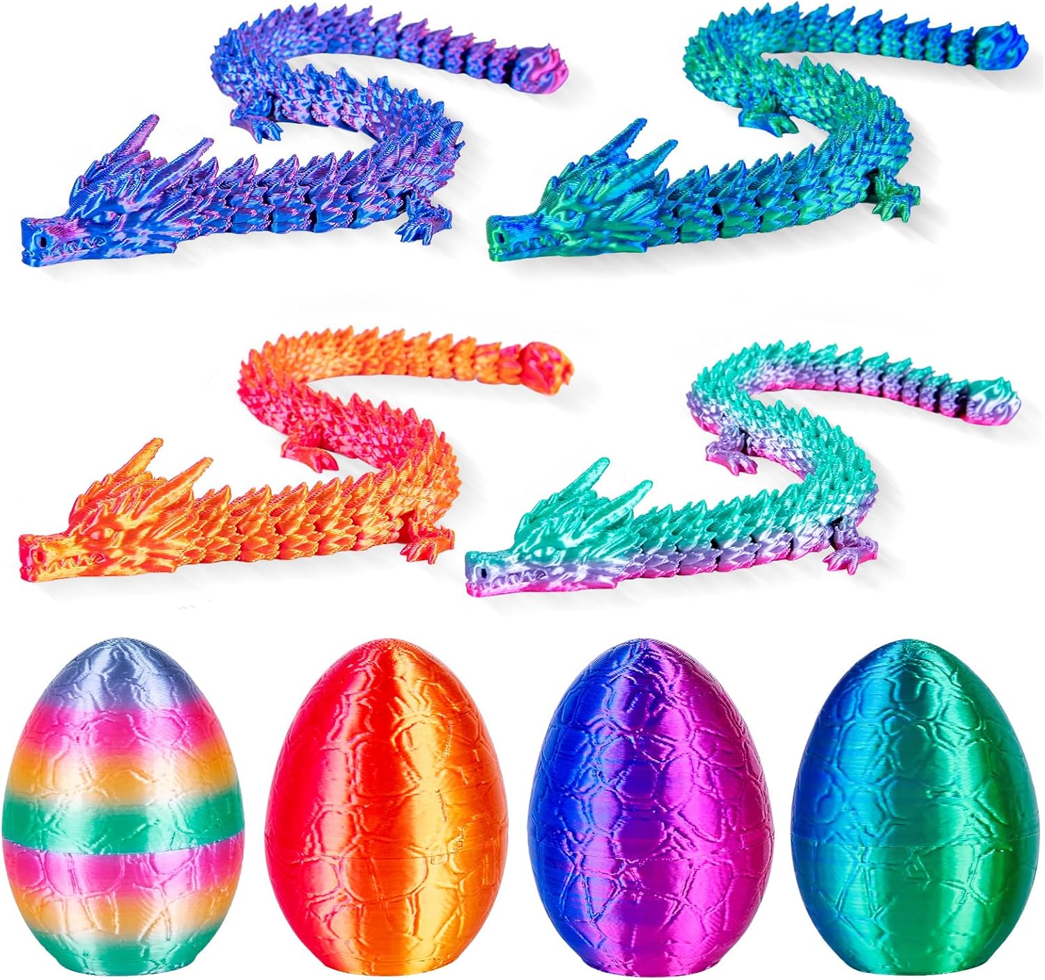 4Pcs 3D Printed Dragon Eggs with Articulated Dragon Inside, 8.86" Flexible Mystery Dragon Toy Set, Cool Fidget Toys for Kids & Adults, Fantasy Home Decor, Easter Christmas Birthday Gift